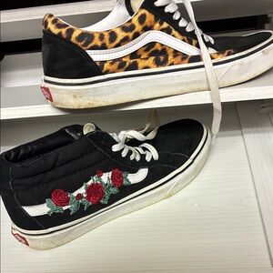 Vans Black and Leopard Sneakers with Rose Embroidery